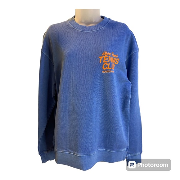 NWT Scotch & Soda Sweatshirt Small Unisex Blue Garment Dyed Tennis Slogan - Picture 1 of 14